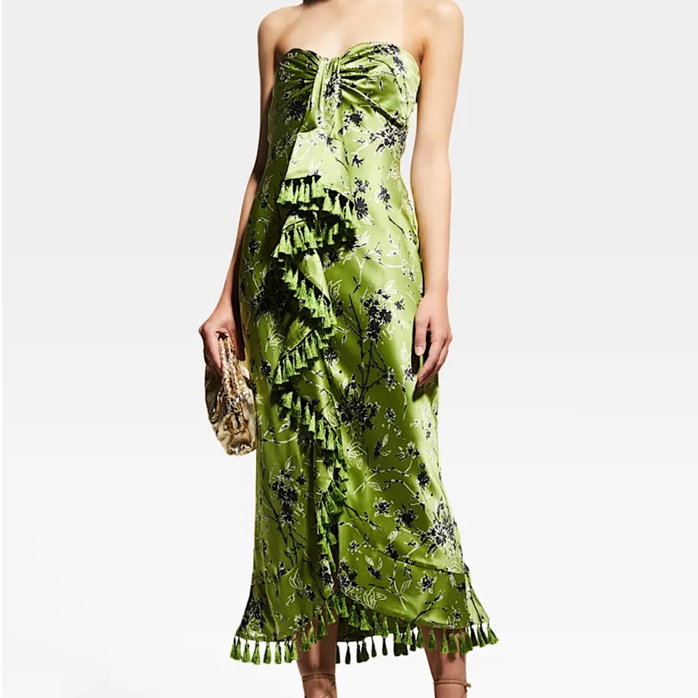 Cinq a Sept Elise Silk Strapless Wildflower Printed Ruffle Tassel Midi Dress
